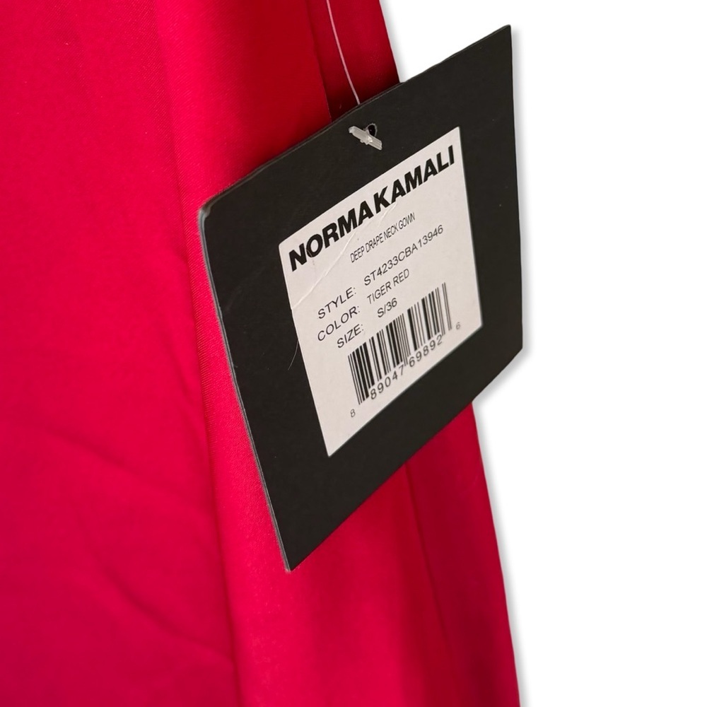 Norma Kamali Deep Drape Neck Gown Tiger Red satin Maxi Dress AS IS Revolve S - Picture 7 of 11